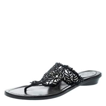 Pre Owned Rene Caovilla Black Crystal Embellished Lace And Leather Flat Thong Sandals Size 39