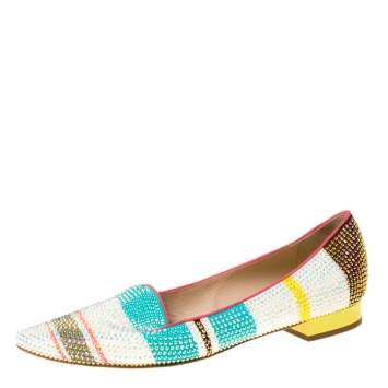 Pre Owned René Caovilla Multicolor Crystal Embellished Slip On Flats Size 38.5