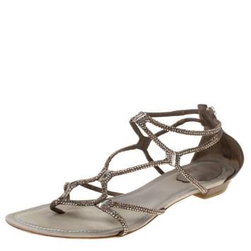 Pre Owned René Caovilla Dark Beige Crystal Embellished Leather Gladiator Flat Sandals Size 40
