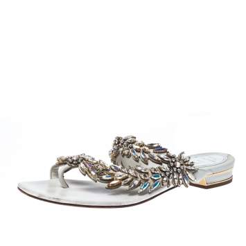 Pre Owned Rene Caovilla White Leather Crystal Embellished Slides Sandals Size 36