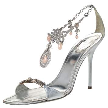 Pre Owned René Caovilla Metallic Silver Leather Embellished Anklet Open Toe Sandals Size 40