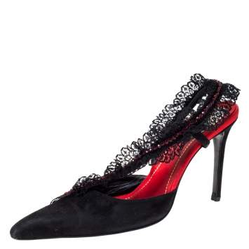 Pre Owned René Caovilla Black Suede And Lace Crystal Embellished Pointed Toe Slingback Sandals Size 39