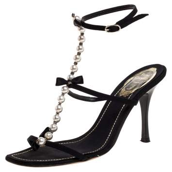 Pre Owned Rene Caovilla Black Canvas Pearl T Strap Sandals Size 37