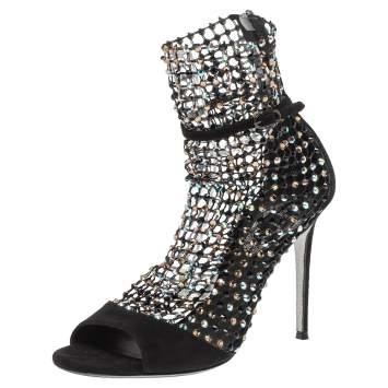 Pre Owned Rene Caovilla Black Suede And Mesh Crystal Embellished Galaxia Sandals Size 37