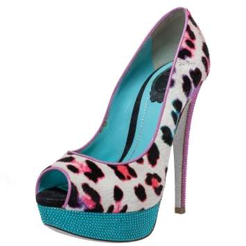 Pre Owned René Caovilla Multicolor Leopard Pony Hair And Crystal Embellished Satin Platform Peep Toe Pumps Size 37