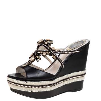 Pre Owned René Caovilla Black Leather Jewel Embellished Wedge Platform Sandals Size 37