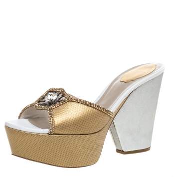 Pre Owned René Caovilla Two Tone Lizard Embossed Leather Embellished Platform Sandals Size 39