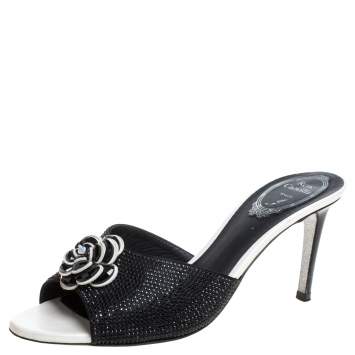 Pre Owned Rene Caovilla Black Satin Crystal Flower Embellished Slide Sandals Size 37