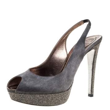 Pre Owned Rene Caovilla Grey Satin Peep Toe Slingback Platform Sandals Size 40.5