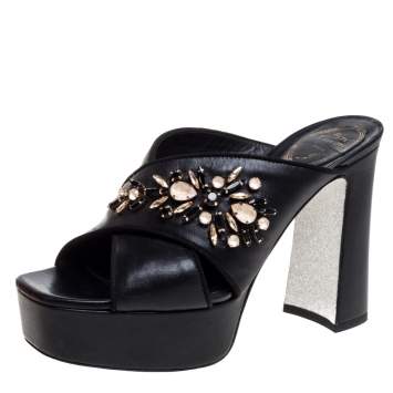 Pre Owned René Caovilla Black Leather Crystal Embellished Cross Strap Peep Toe Platform Mules Size 38