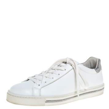 Pre Owned Rene Caovilla White Leather Crystal Embellished Lace Up Sneakers Size 38