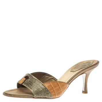 Pre Owned Rene Caovilla Brown/Olive Green Alligator Leather And Satin Crystal Embellished Open Toe Sandals Size 37