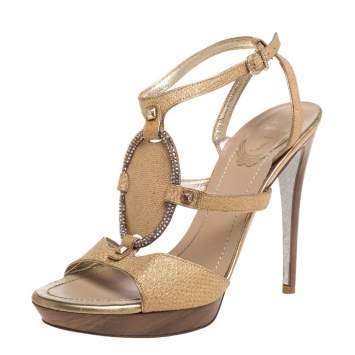 Pre Owned René Caovilla Beige Glitter Cork Embellished Ankle Strap Sandals Size 38