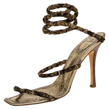 Pre Owned René Caovilla Gold/Brown Fabric And Leather Crystal Embellishment Cleo Spiral Sandals Size 40