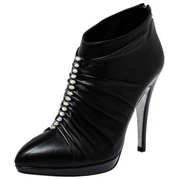 Pre Owned Rene Caovilla Black Pleated Leather Crystal Embellished Ankle Boots Size 37