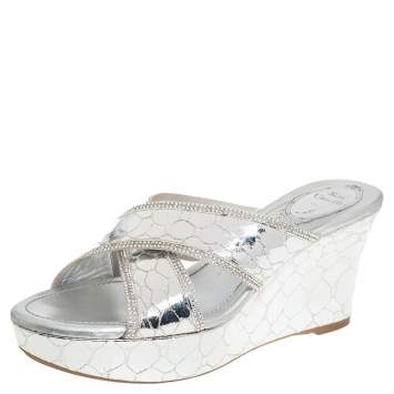 Pre Owned Rene Caovilla Metallic Silver Textured Leather Wedge Platform Slide Sandals Size 37