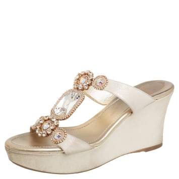 Pre Owned Rene Caovilla Gold Glitter Nubuck Embellished Wedge Platform Slide Sandals Size 37
