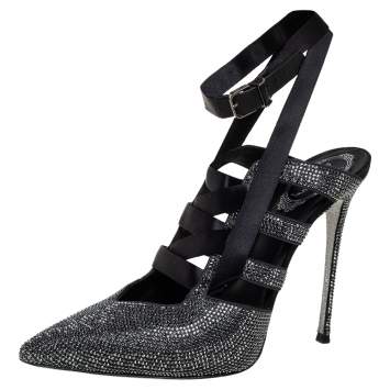 Pre Owned Rene Caovilla Black Crystal Embellished Satin Ankle Wrap Mules Size 39.5