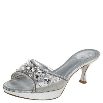 Pre Owned René Caovilla Metallic Silver Satin Crystal Embellished Slide Sandals Size 38
