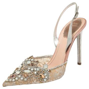 Pre Owned René Caovilla Silver Crystal Embellished Lace And Leather Slingback Sandals Size 38.5