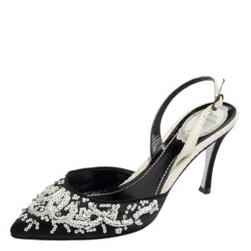 Pre Owned René Caovilla Black Satin And Python Sequin Embellished Pointed Toe Slingback Sandals Size 38.5