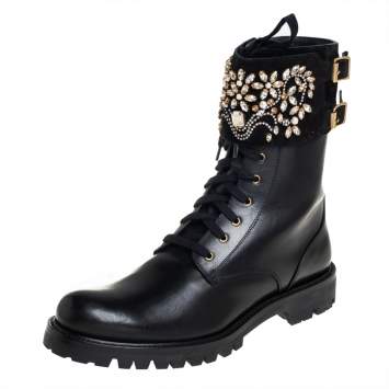 Pre Owned Rene Caovilla Black Leather And Crystal Embellished Suede Combat Boots Size 40