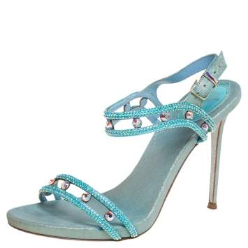 Pre Owned René Caovilla Metallic Blue Leather Crystal Embellished Ankle Strap Sandals Size 37