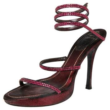 Pre Owned René Caovilla Burgundy/Black Satin Cleo Crystal Embellished Sandals Size 37