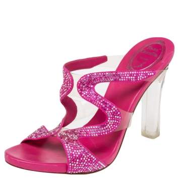 Pre Owned René Caovilla Pink Satin And PVC Crystal Embellished Open Toe Sandals Size 38