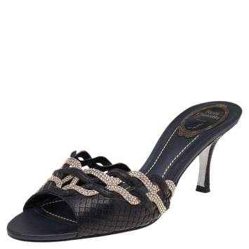 Pre Owned René Caovilla Black Python Leather And Embellished Satin Slides Sandals Size 38.5