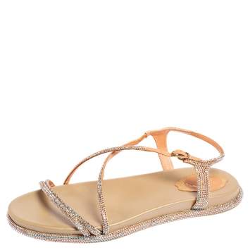 Pre Owned René Caovilla Peach Satin Emi Crystal Embellished Flat Sandals Size 38