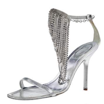Pre Owned René Caovilla Sliver Leather Embellished Ankle Strap Sandals Size 39