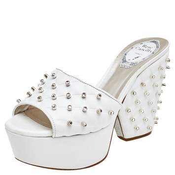 Pre Owned René Caovilla White Leather Embellished Wedge Platform Slide Sandals Size 36.5