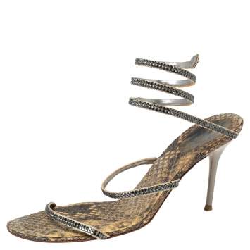 Pre Owned René Caovilla Beige/Black Crystals Studded Satin and Metal Cleo Ankle-Wrap Sandals Size 41