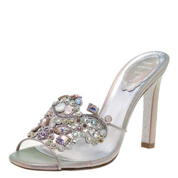 Pre Owned René Caovilla Grey Iridescent Leather and PVC Crystal Embellished Slide Sandals Size 36
