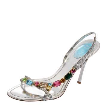 Pre Owned René Caovilla Silver Crystals and Multicolor Stones Embellished Leather Slingback Sandals Size 41
