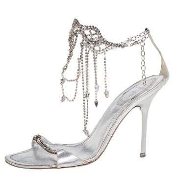 Pre Owned René Caovilla Silver Leather Floral Embellished Anklet Open Toe Sandals Size 37