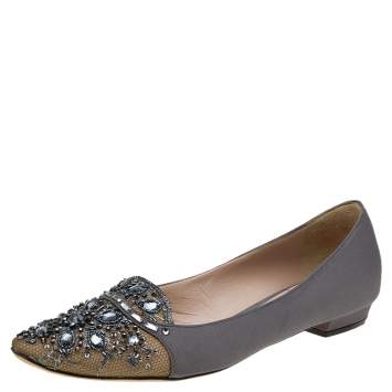 Pre Owned René Caovilla Grey Satin Crystal Embellished Ballet  Flats Size 38