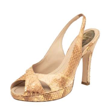 Pre Owned René Caovilla Beige Python Crisscross Platform Sandals Size 38