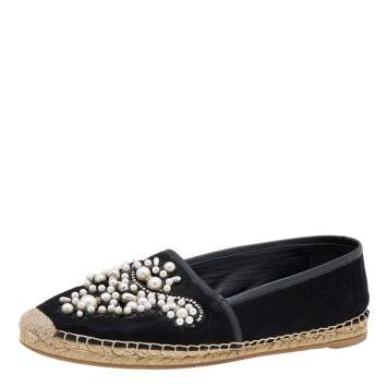 Pre Owned René Caovilla Black Nubuck Leather Pearl Embellished Espadrille Flats Size 39