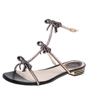 Pre Owned René Caovilla Black/Pink Crystal Embellished Satin and Leather Bow T-Strap Flat Sandals Size 36