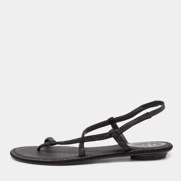 Pre Owned René Caovilla Black Satin Crystal Embellished Strappy Flats Size 38