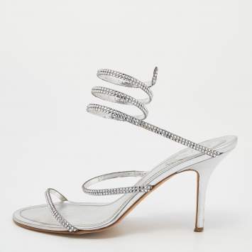 Pre Owned René Caovilla Metallic Silver Leather Crystal Cleo Ankle Strap Sandals Size 39.5