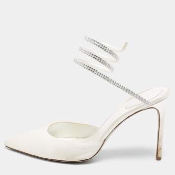 Pre Owned René Caovilla White  Satin Crystal Embellished Ankle Wrap Sandals  Size 41 