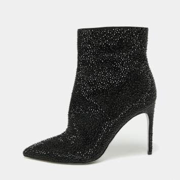 Pre Owned René Caovilla Black Glitter Virginie Crystal Stiletto Ankle Boots Size 39