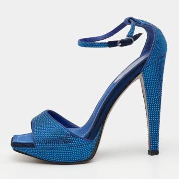 Pre Owned René Caovilla Metallic Blue Crystal Embellished Satin Ankle Strap Platform Sandals Size 37