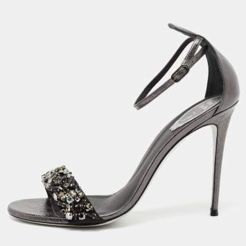 Pre Owned René Caovilla Dark Grey Leather Crystal Embellished Ankle Strap Sandals Size 39.5