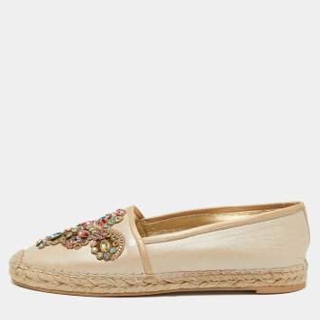 Pre Owned Rene Caovilla Metallic Beige Leather Cut Out Crystal Embellished Espadrille Flats Size 41