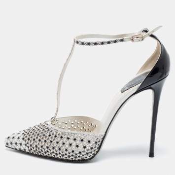 Pre Owned Rene Caovilla Black/White Satin And Patent Leather Embellished Ankle Strap Sandals Size 41