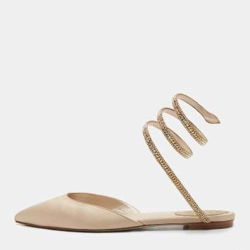 Pre Owned René Caovilla Beige Satin Crystal Embellished Flat Sandals Size 38